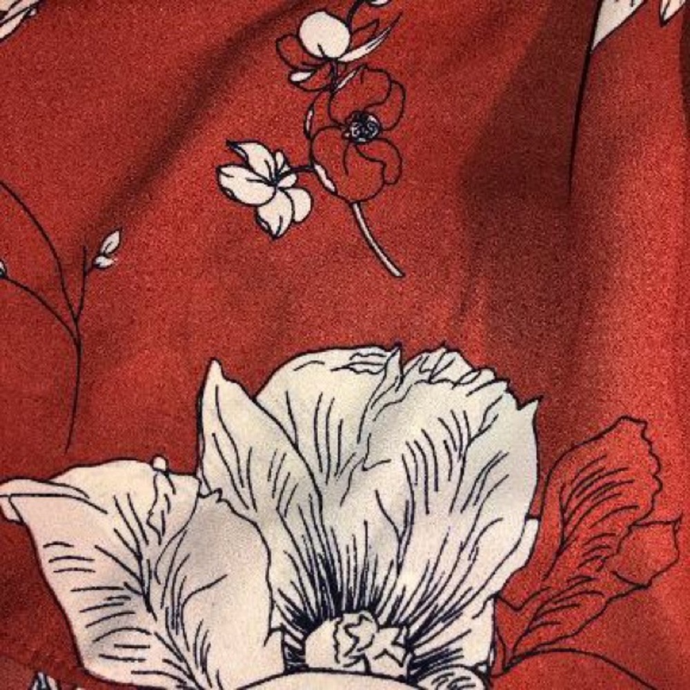 Floral Rust Colored Blouse, Front Ruffle, Tie - Picture 2 of 7